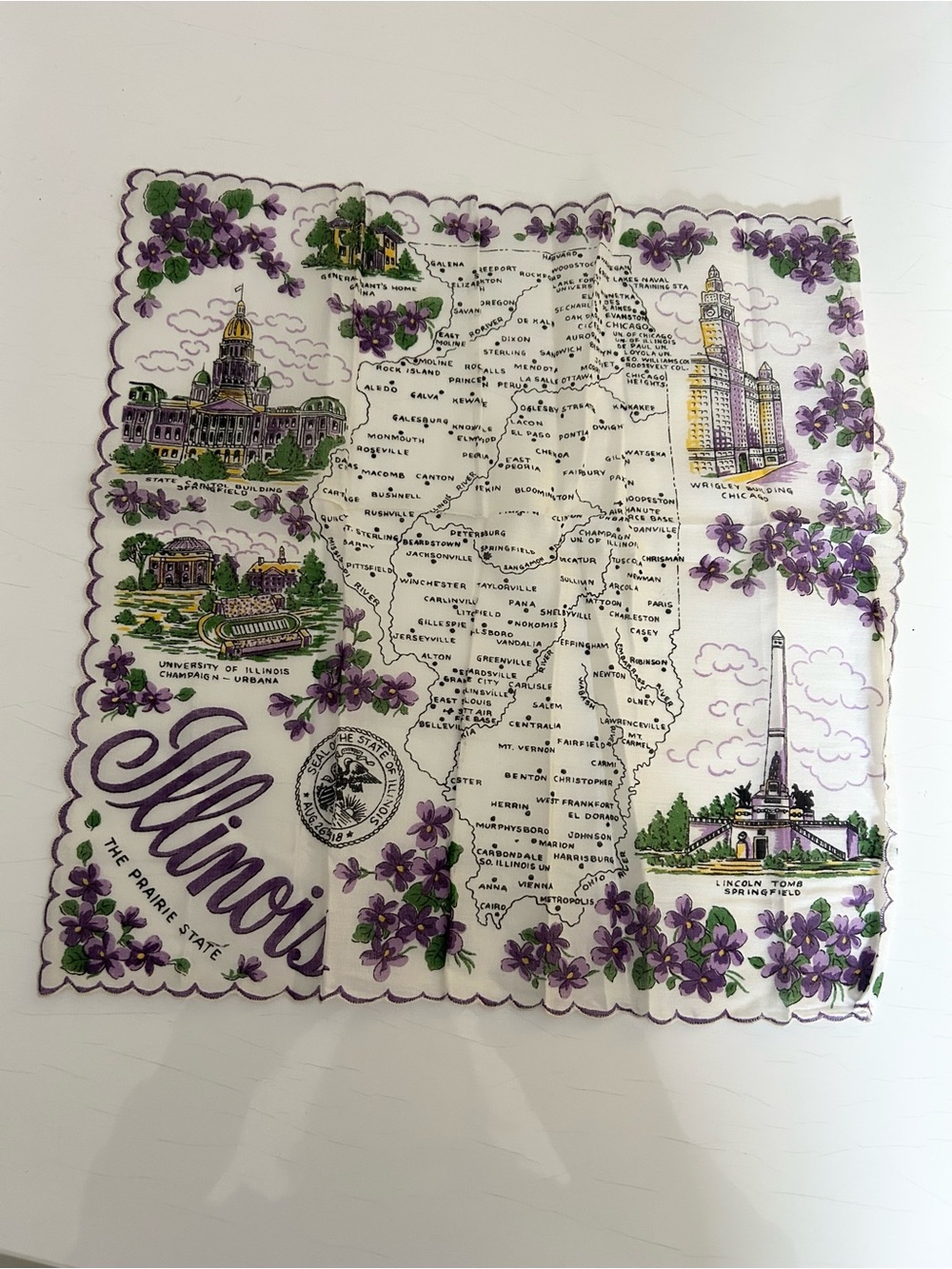 Vintage Illinois State Souvenir Map Handkerchief Purple Floral Landmark